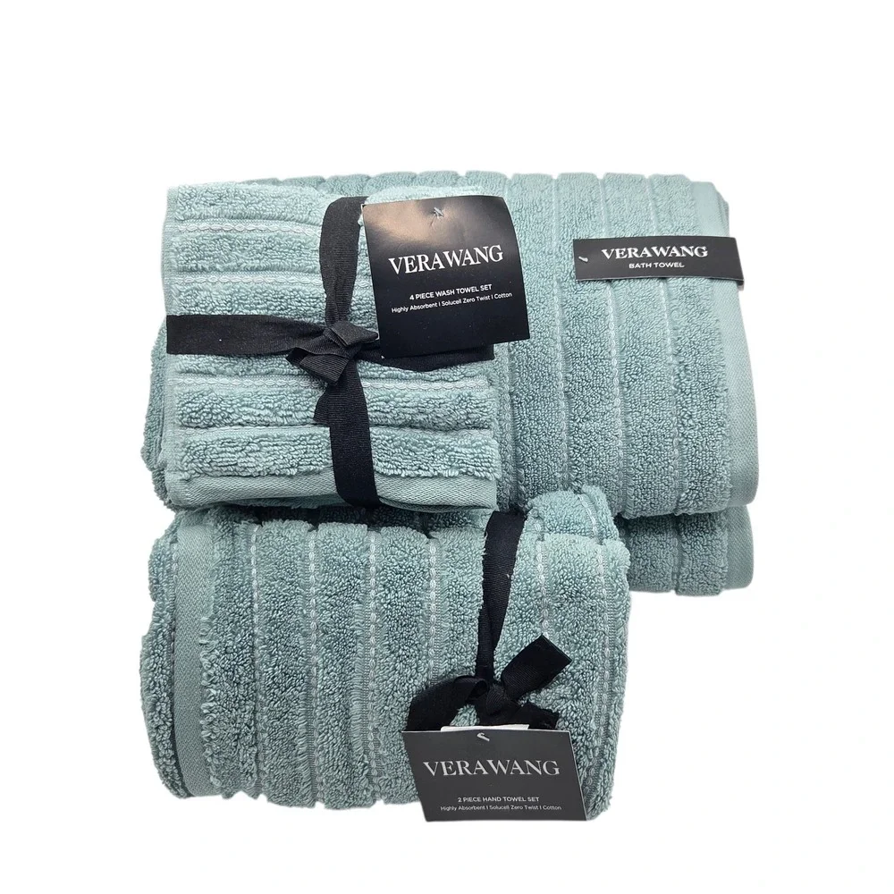 Vera Wang 8pc Zero Twist Cotton Bath Towel Set Geo Stitch Aqua Blue B Twlos